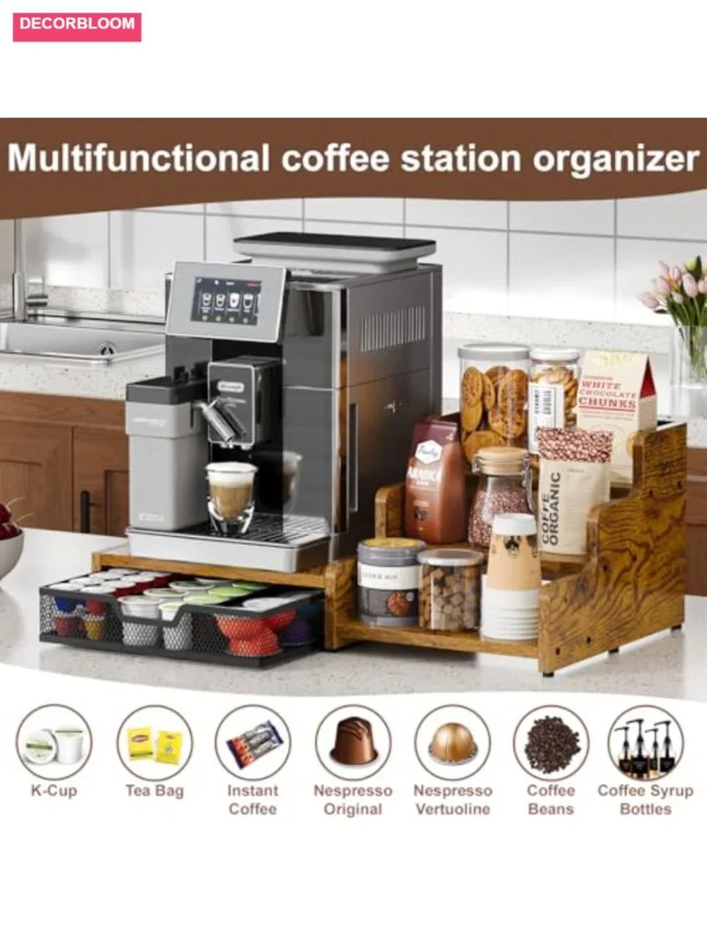 Coffee Station Organizer with K Cup Holder 28 Pod Capacity 3-Tier Syrup Rack